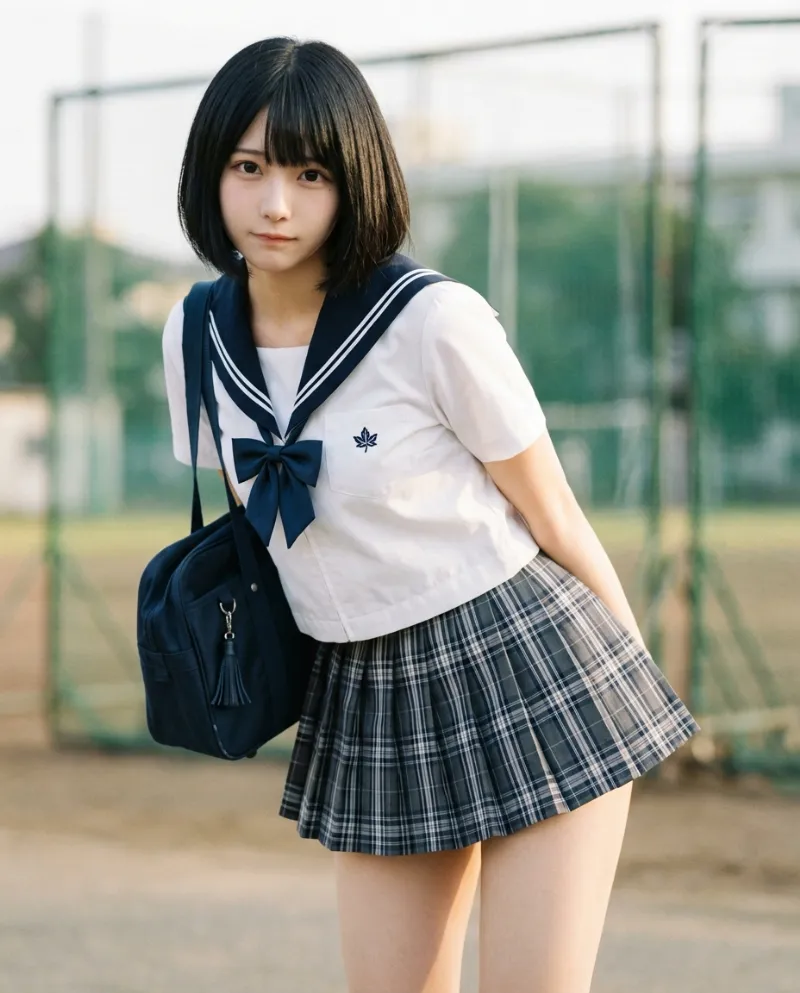 白のセーラーブラウス・紺チェックのミニスカート｜制服プロンプト（Nano Banana用）