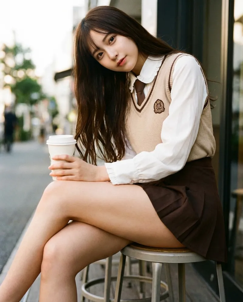 ベージュのストライプベスト・ダークブラウンのミニスカート｜制服プロンプト（Nano Banana用）