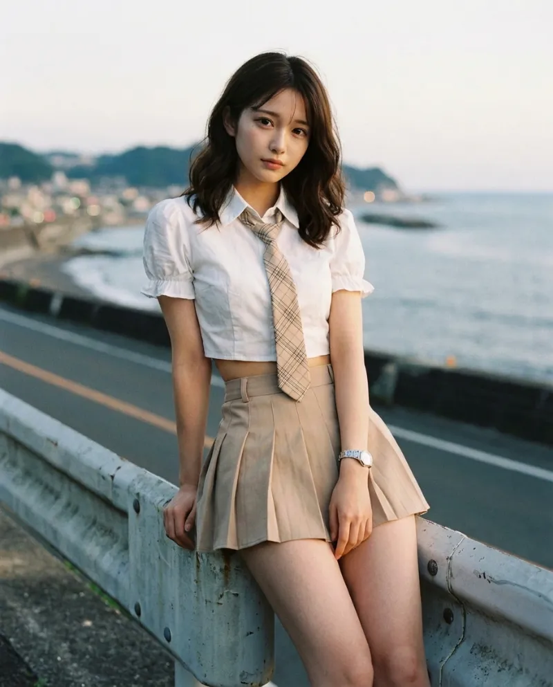 白のクロップドパフスリーブ・ベージュのプリーツミニスカート｜制服プロンプト（Nano Banana用）