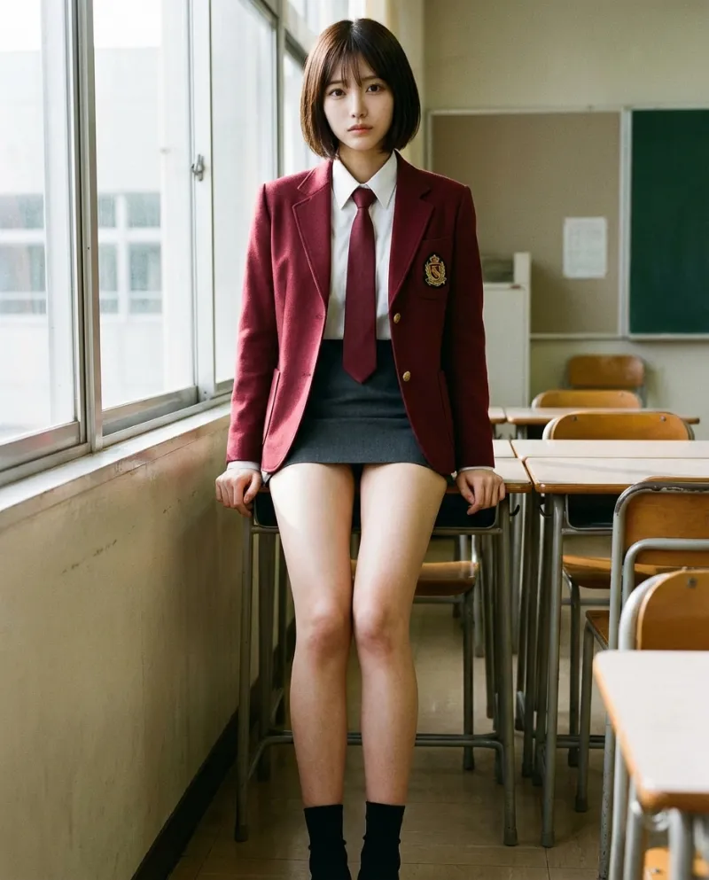 バーガンディのクロップドブレザー・チャコールのAラインミニスカート｜制服プロンプト（Nano Banana用）