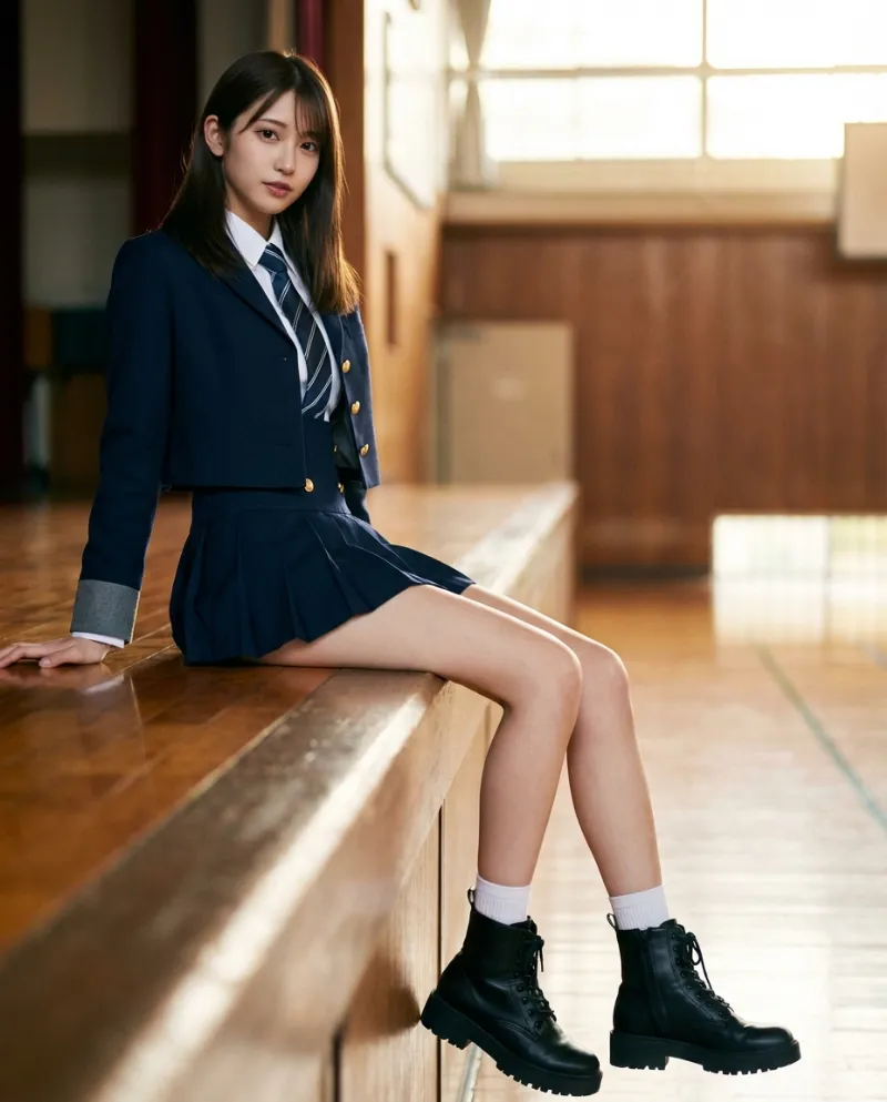 紺のクロップドブレザー・紺のサスペンダースカート｜制服プロンプト（Nano Banana用）