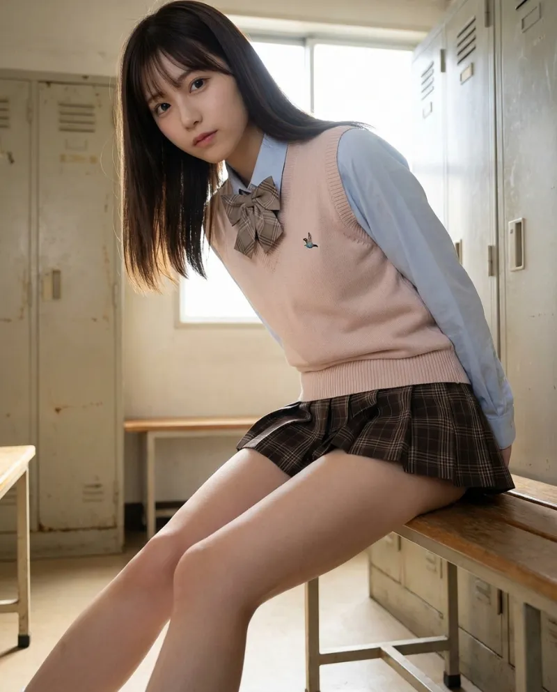 ペールピンクのベスト・ダークブラウンチェックのミニスカート｜制服プロンプト（Nano Banana用）