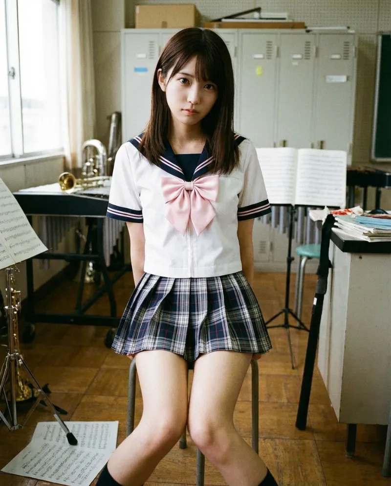 白のピンクトリムセーラー・紺チェックのミニスカート｜制服プロンプト（Nano Banana用）