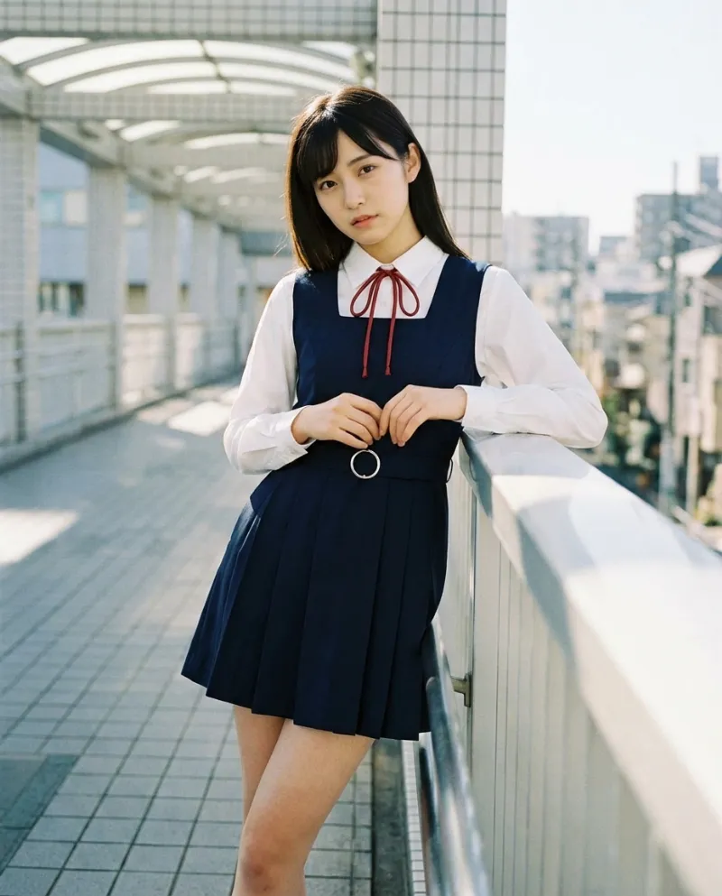 白の長袖シャツ・紺のスクエアネックジャンパースカート｜制服プロンプト（Nano Banana用）