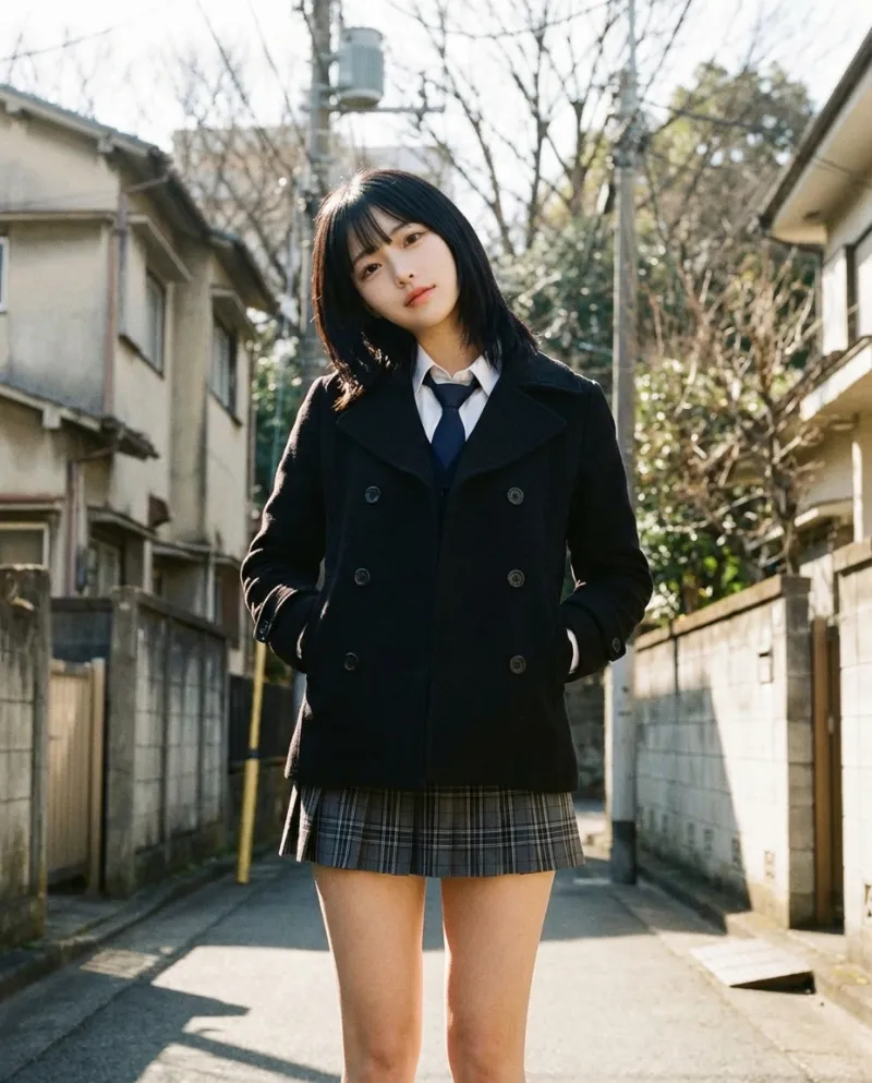 黒のピーコート・グレーチェックのミニスカート｜制服プロンプト（Nano Banana用）