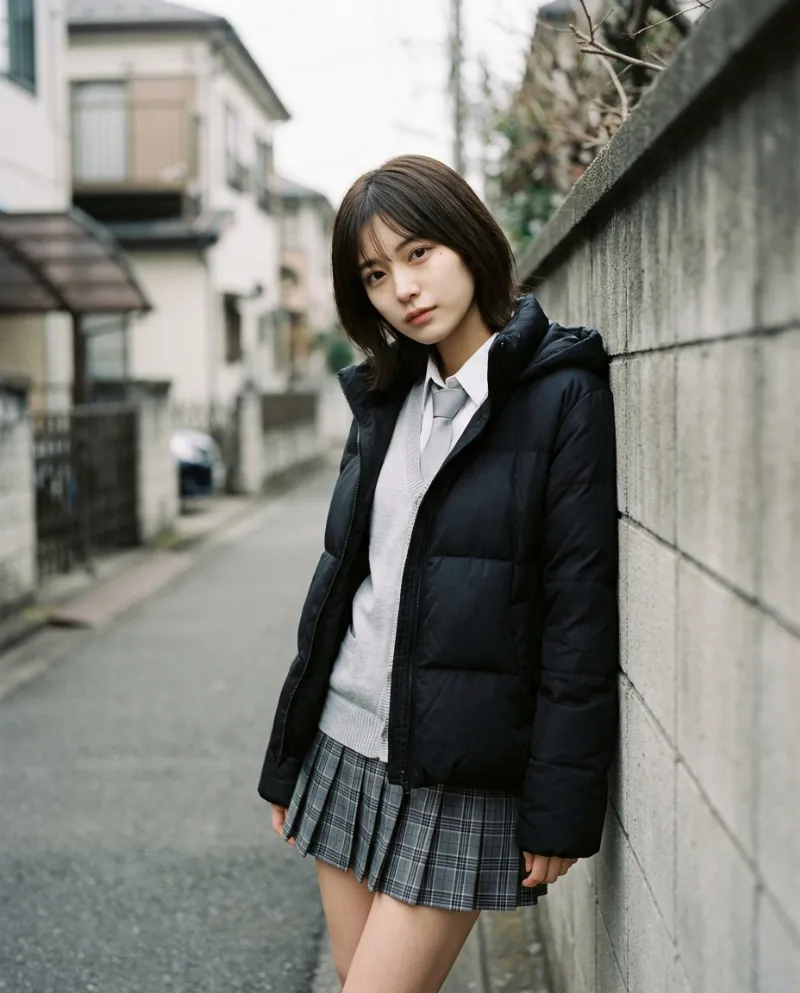 黒のダウンジャケット・グレーチェックのミニスカート｜制服プロンプト（Nano Banana用）