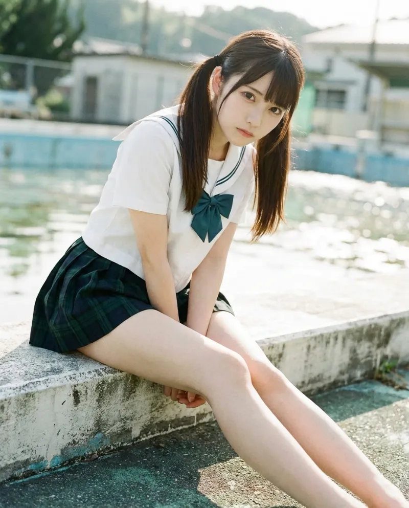 白のセーラーブラウス・ダークグリーンチェックのミニスカート｜制服プロンプト（Nano Banana用）