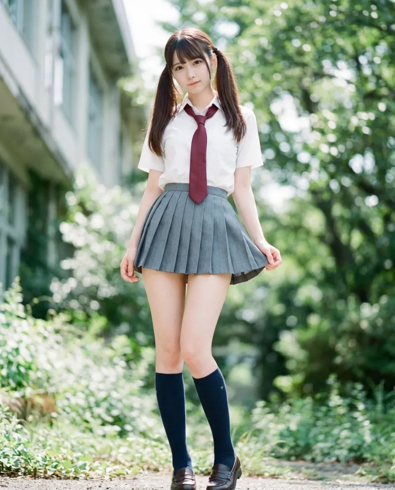 白の半袖シャツ・グレーのプリーツミニスカート｜制服プロンプト（Nano Banana用）