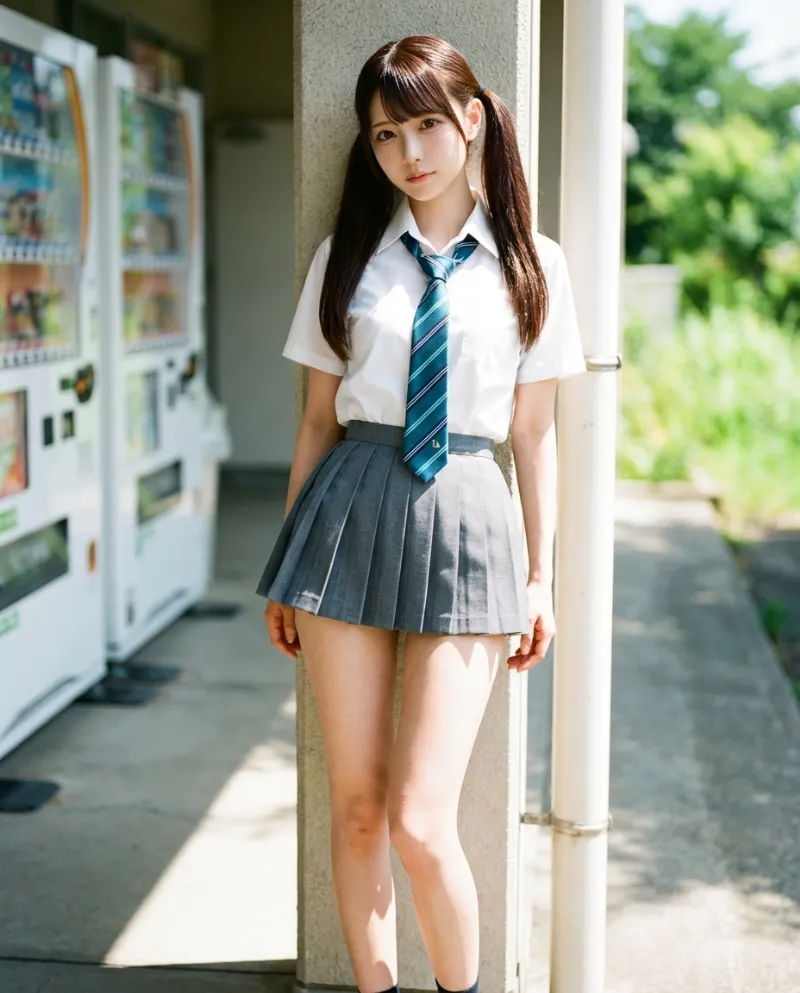 白の半袖シャツ・グレーのプリーツミニスカート｜制服プロンプト（Nano Banana用）
