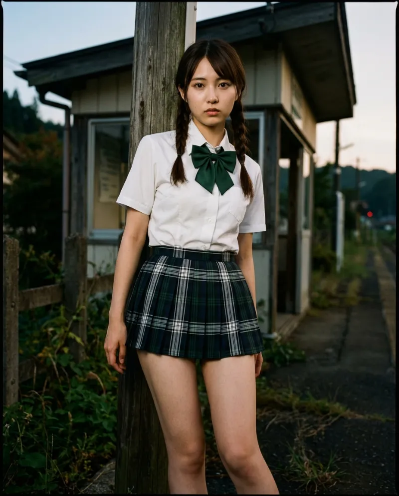 白の半袖シャツ・ダークグリーンチェックのミニスカート｜制服プロンプト（Nano Banana用）