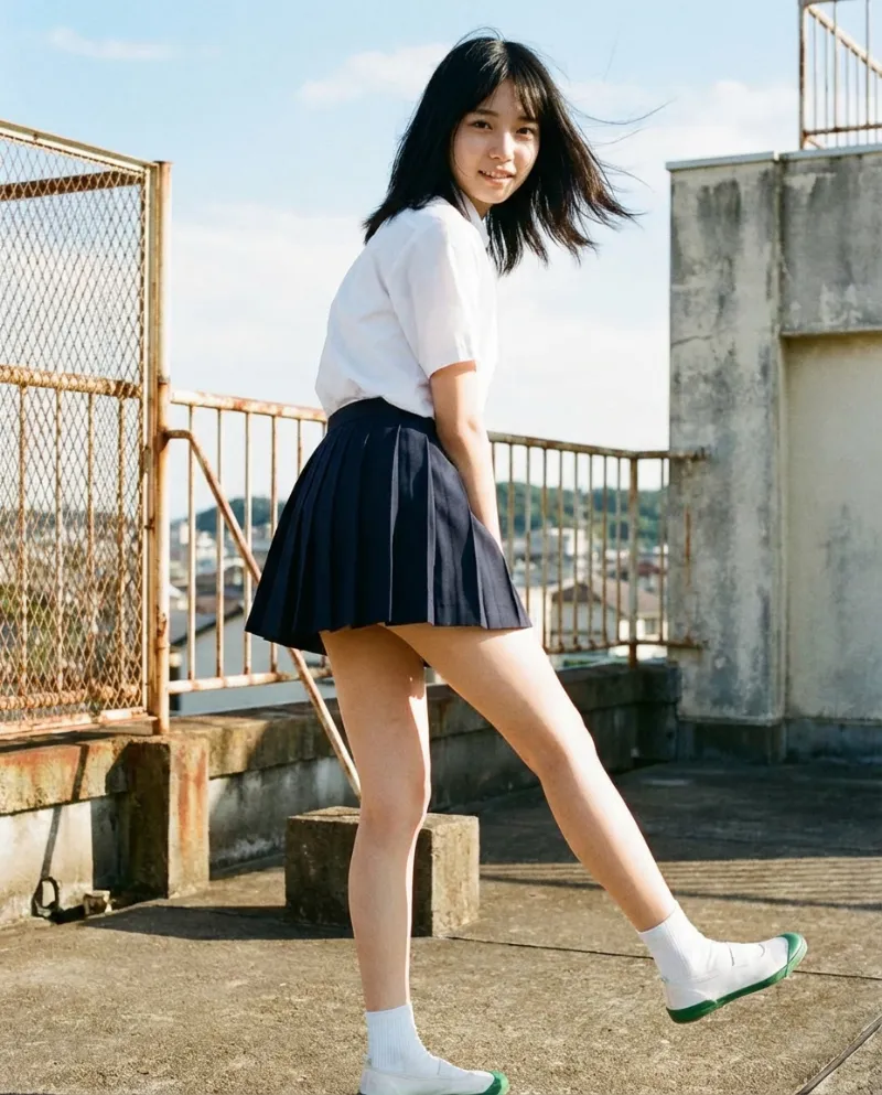 白の半袖シャツ・紺のプリーツミニスカート｜制服プロンプト（Nano Banana用）