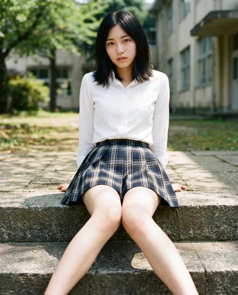 白の長袖シャツ・紺チェックのミニスカート｜制服プロンプト（Nano Banana用）