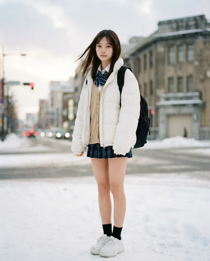 白のダウンジャケット・紺チェックのミニスカート｜制服プロンプト（Nano Banana用）
