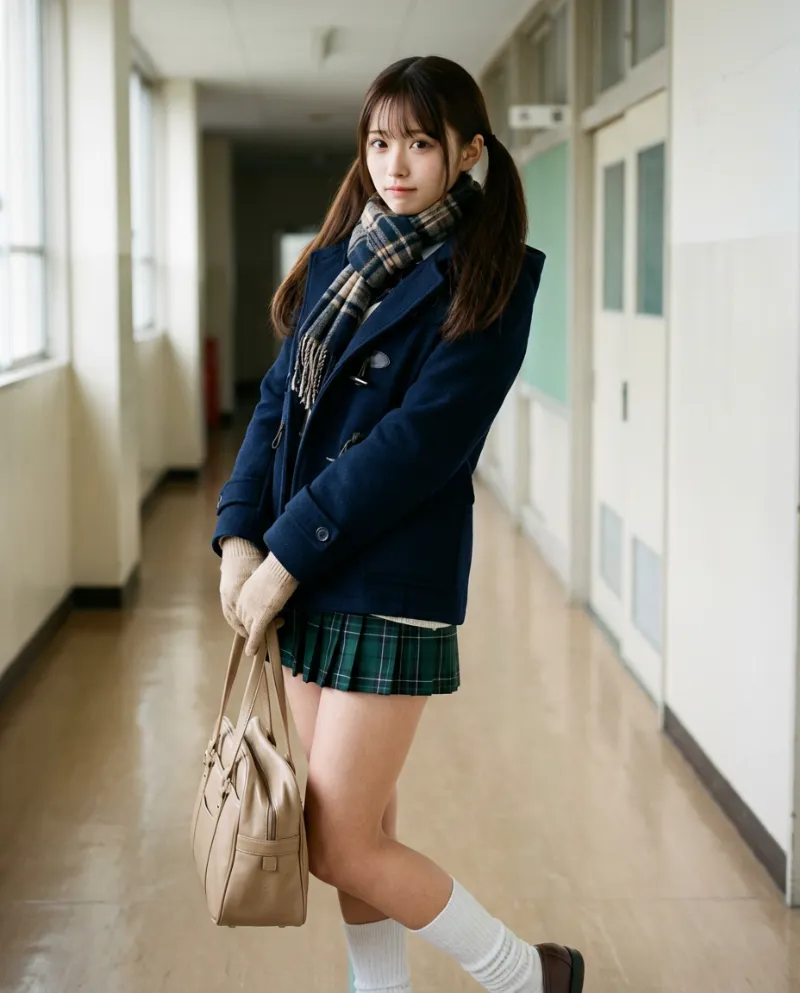 紺のピーコート・緑チェックのミニスカート｜制服プロンプト（Nano Banana用）