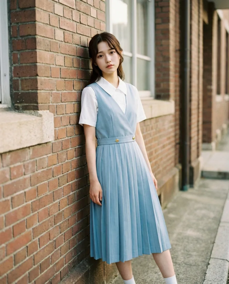 白の半袖シャツ・ライトブルーのジャンパースカート｜制服プロンプト（Nano Banana用）