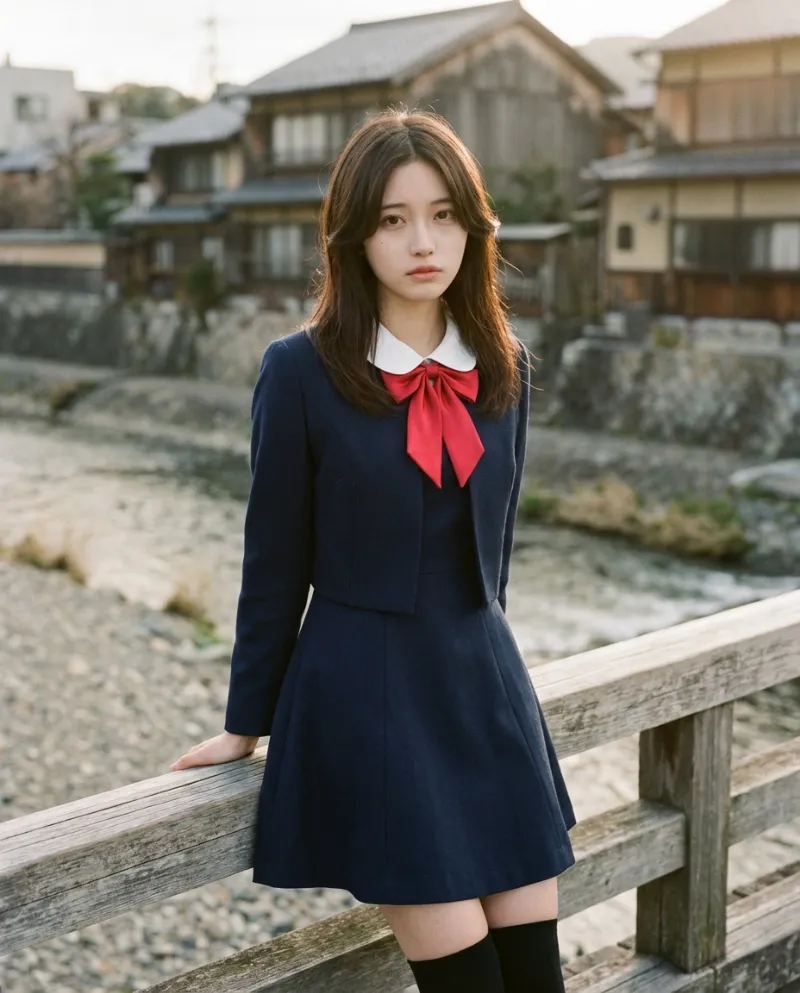 紺のボレロ・紺のプリーツワンピース｜制服プロンプト（Nano Banana用）