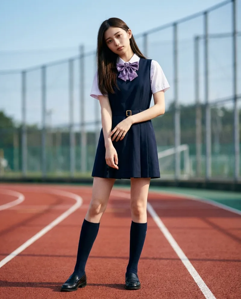 白の半袖シャツ・紺のジャンパースカート｜制服プロンプト（Nano Banana用）