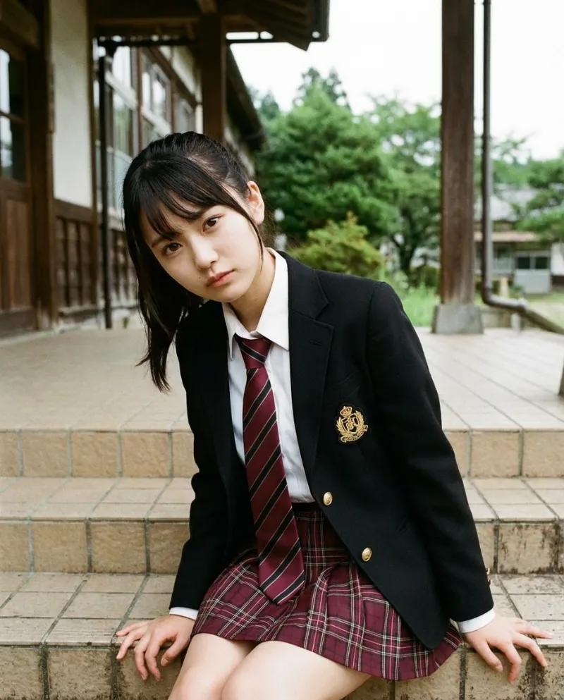 黒のブレザー・バーガンディチェックのミニスカート｜制服プロンプト（Nano Banana用）