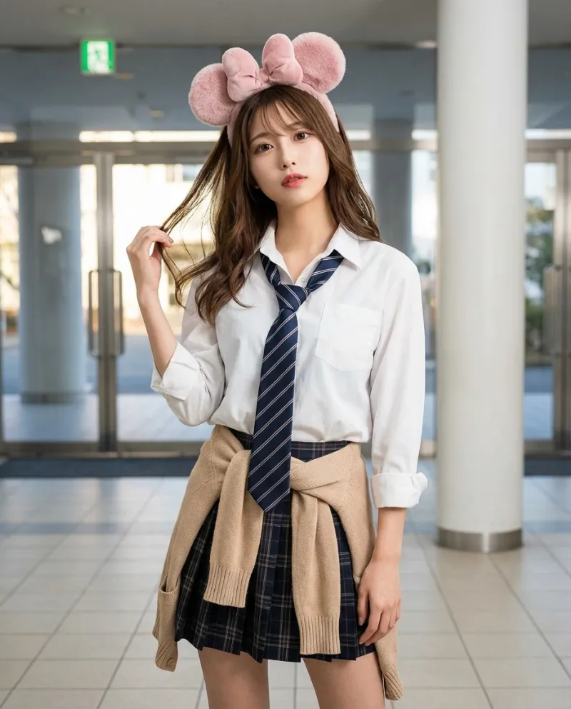 白の長袖シャツ・ダークチェックのミニスカート｜制服プロンプト（Nano Banana用）