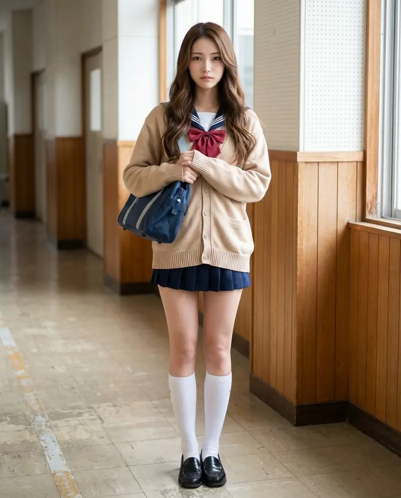 ベージュのオーバーサイズカーディガン・紺のプリーツミニスカート｜制服プロンプト（Nano Banana用）