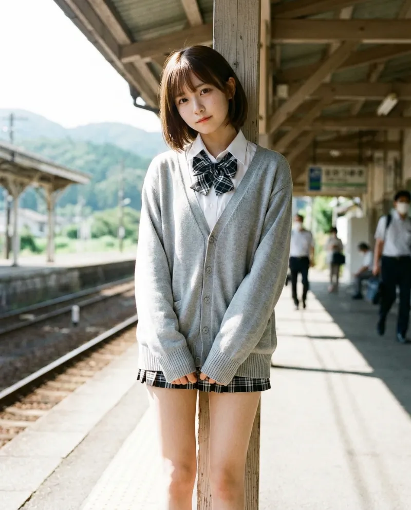 ライトグレーのカーディガン・黒白チェックのミニスカート｜制服プロンプト（Nano Banana用）