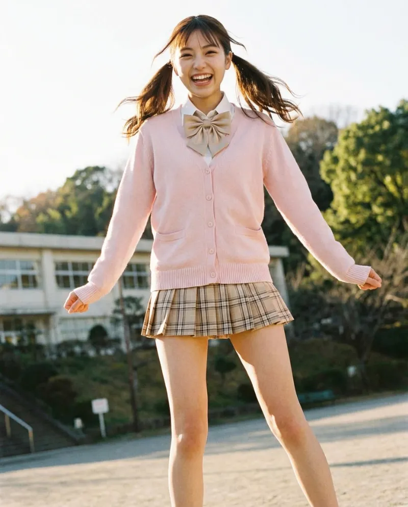 ライトピンクのカーディガン・ベージュチェックのミニスカート｜制服プロンプト（Nano Banana用）