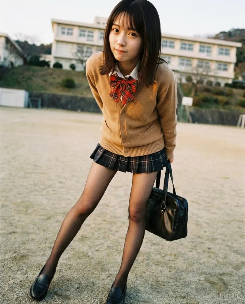 キャメルのカーディガン・ダークチェックのミニスカート｜制服プロンプト（Nano Banana用）