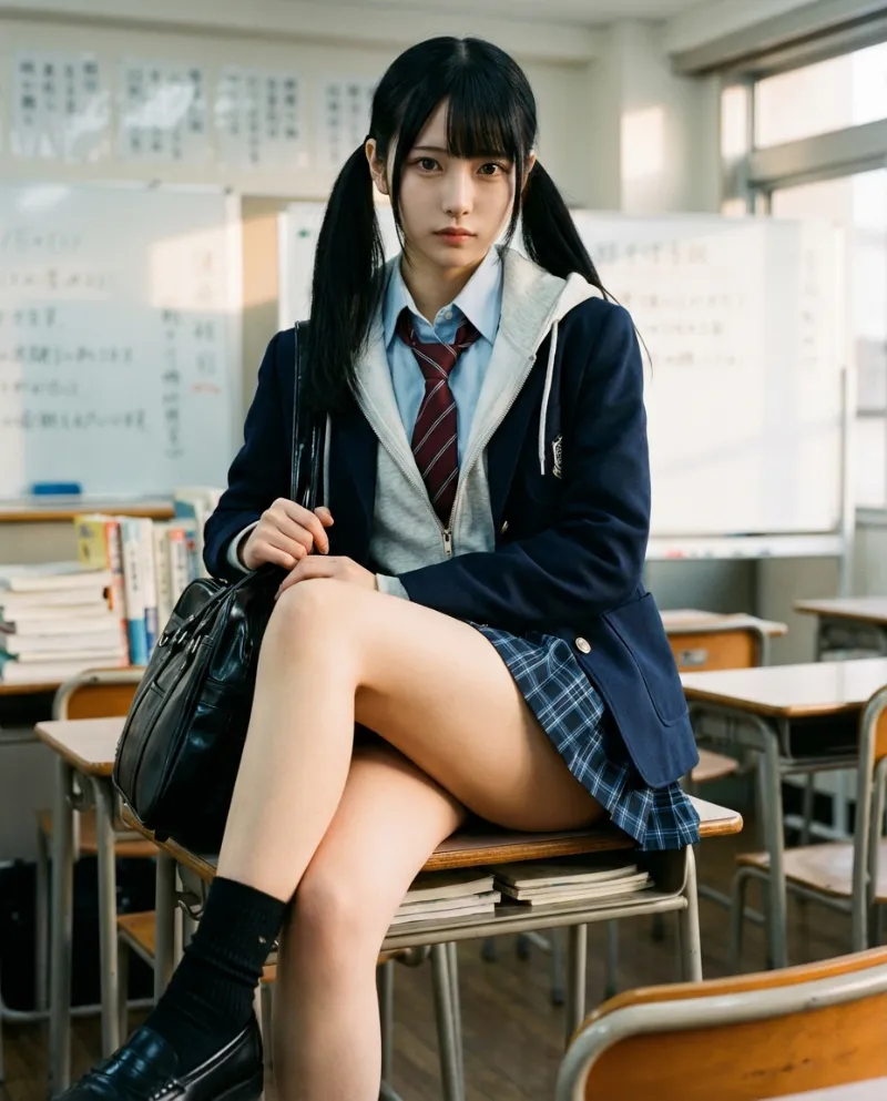 紺のブレザー・青黒チェックのミニスカート｜制服プロンプト（Nano Banana用）