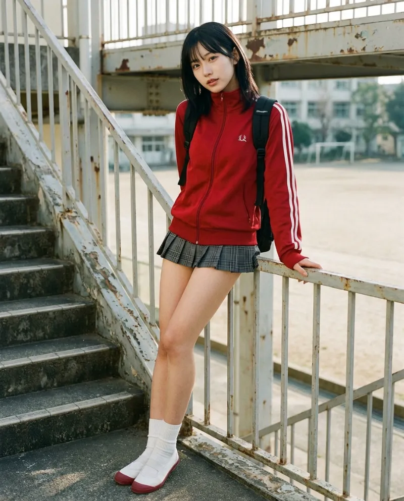 赤のトラックジャケット・グレーチェックのミニスカート｜制服プロンプト（Nano Banana用）