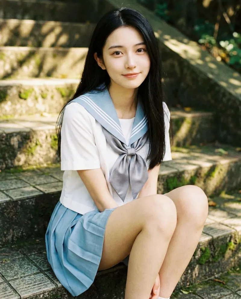 白のライトブルーセーラー・ライトブルーのプリーツスカート｜制服プロンプト（Nano Banana用）