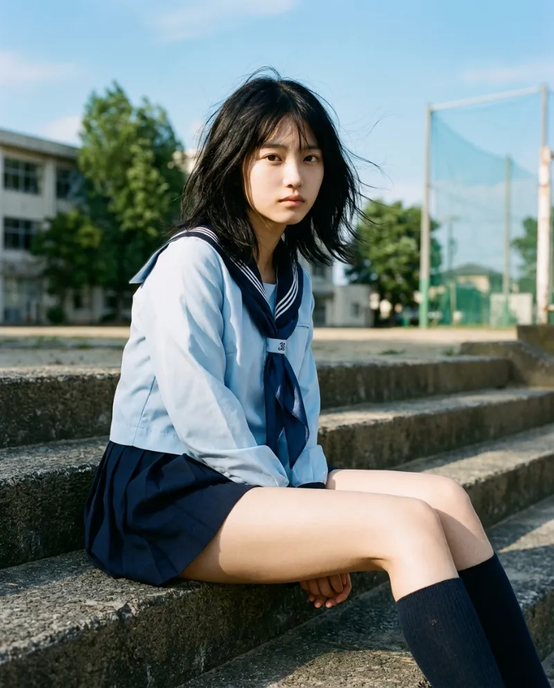 ライトブルーのセーラー・紺のプリーツミニスカート｜制服プロンプト（Nano Banana用）