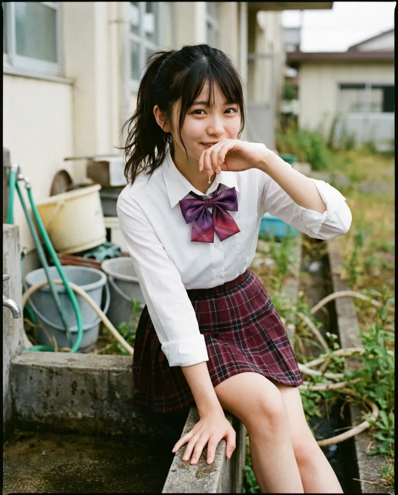 白のロールアップシャツ・バーガンディ黒チェックのミニスカート｜制服プロンプト（Nano Banana用）