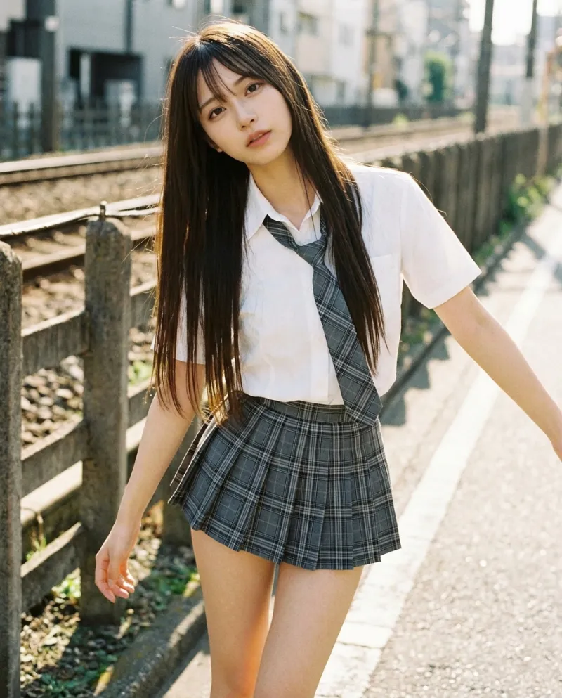 白の半袖シャツ・グレーチェックのミニスカート｜制服プロンプト（Nano Banana用）