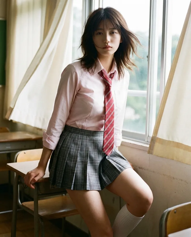 ライトピンクの長袖シャツ・グレーチェックのミニスカート｜制服プロンプト（Nano Banana用）