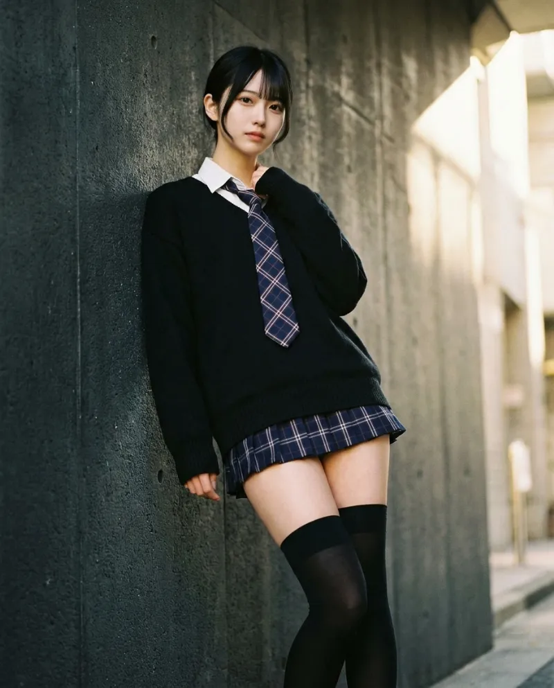 黒のクルーネックセーター・紺マルーンチェックのミニスカート｜制服プロンプト（Nano Banana用）