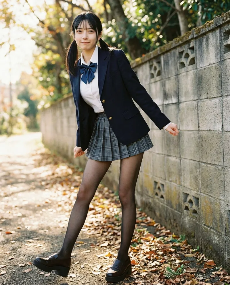 白の長袖シャツ・グレーチェックのミニスカート｜制服プロンプト（Nano Banana用）