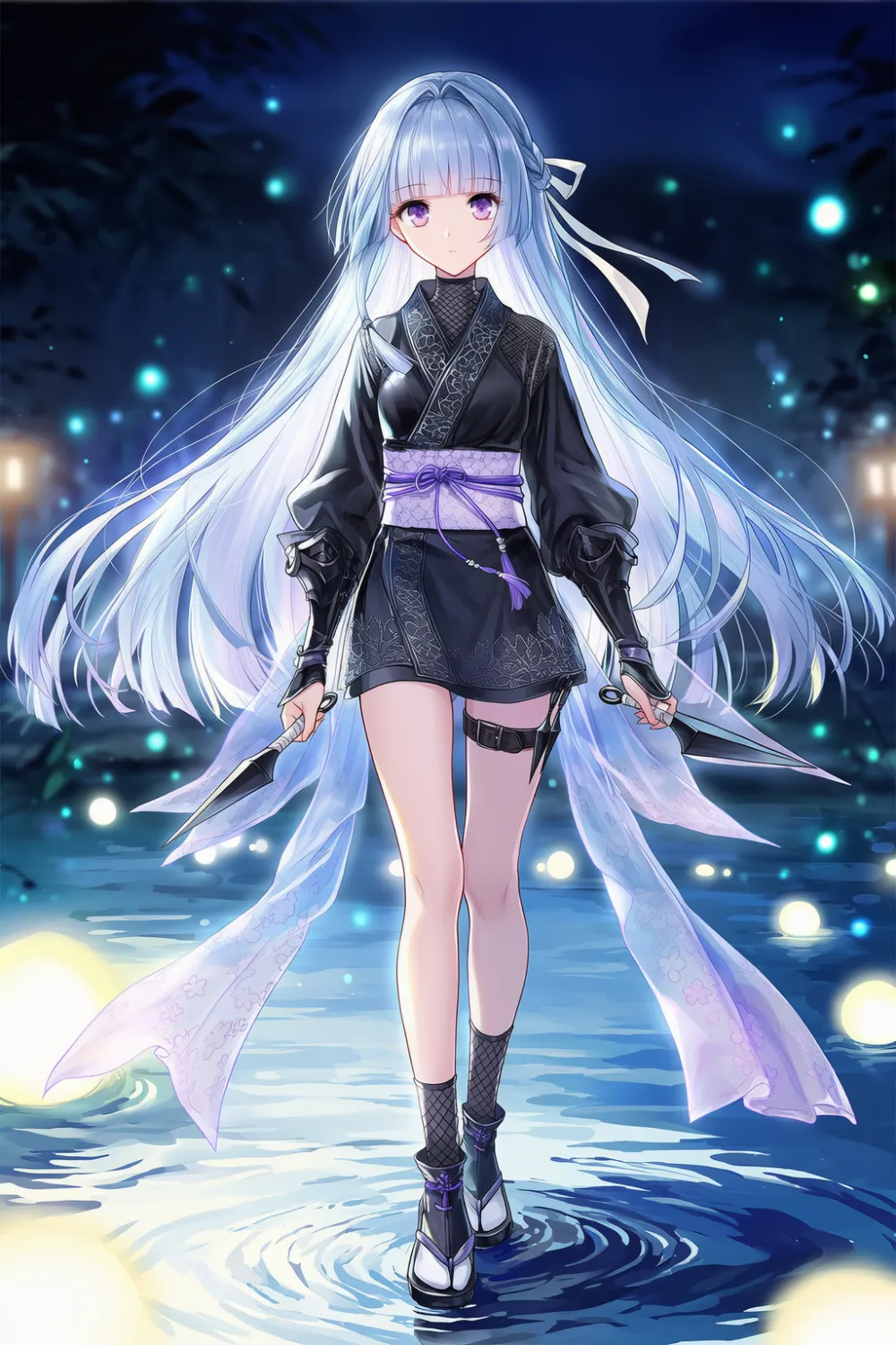 銀髪の美少女が忍者の服を着ているAIイラストの作例(夜)