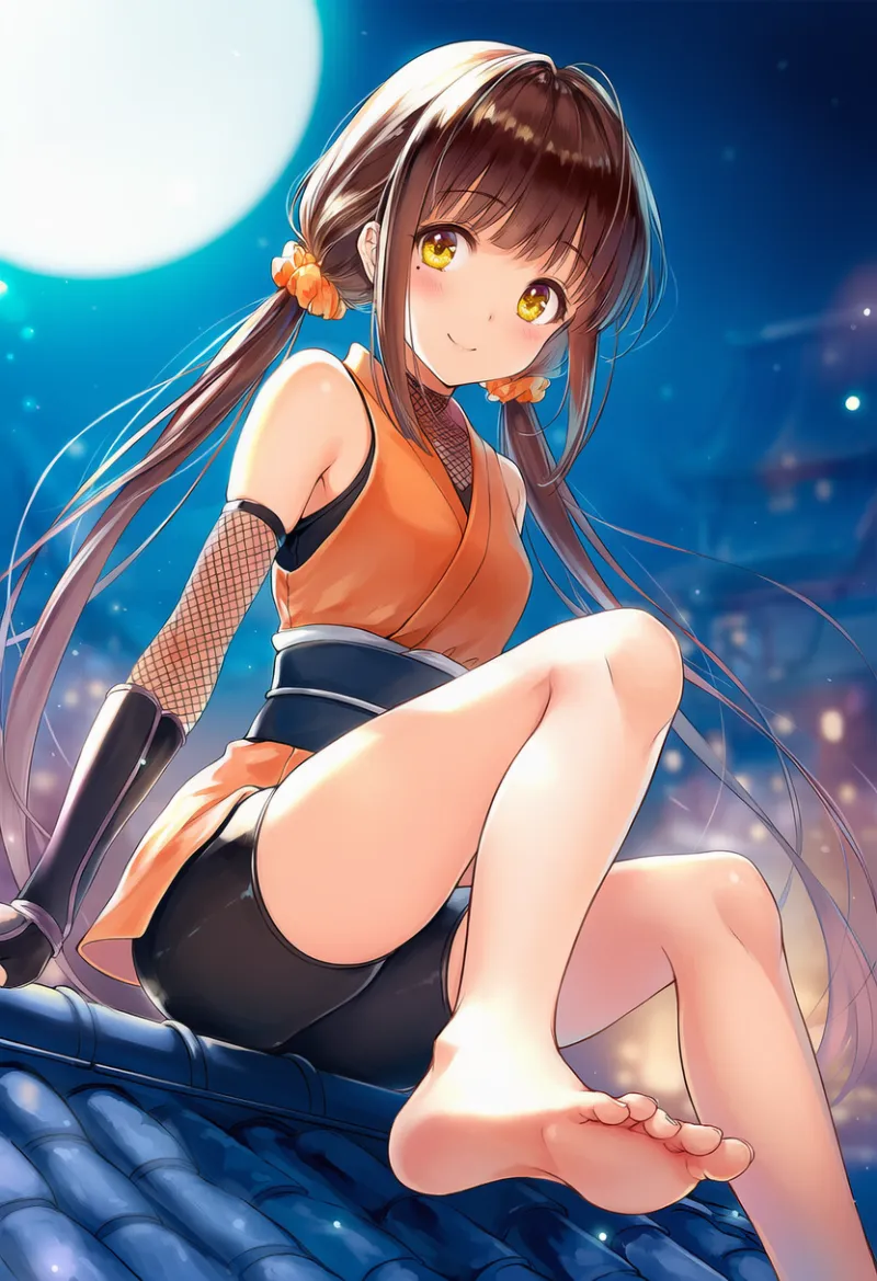 オレンジ袖なし忍者服×網トップ×黒バイクショーツコーデのAIイラストとプロンプト紹介