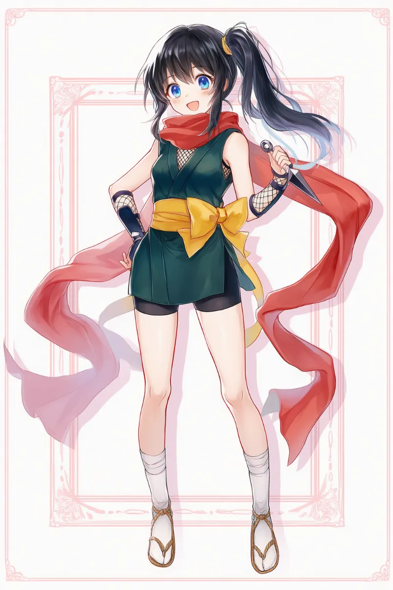 ダークグリーン忍者服×網トップ×赤スカーフコーデのAIイラストとプロンプト紹介