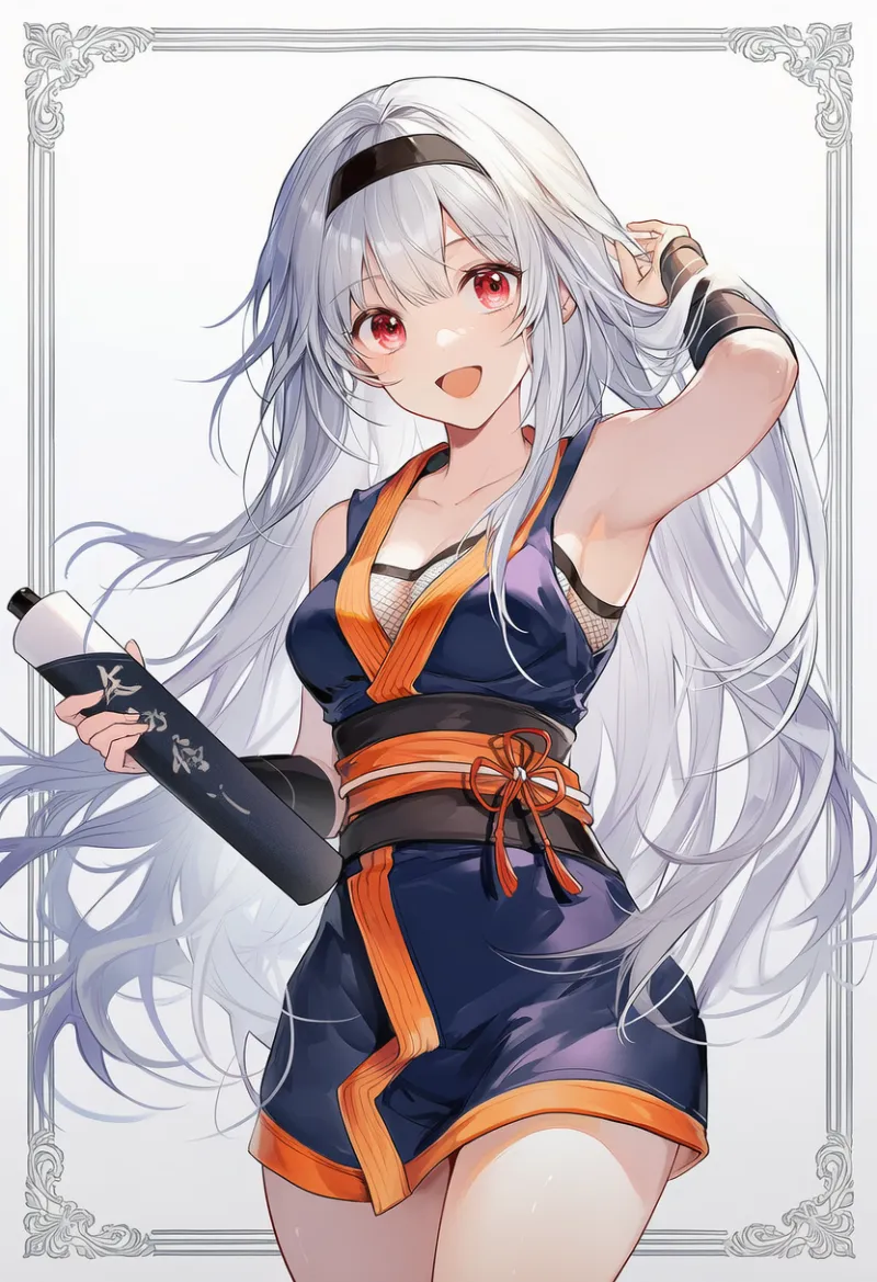 紺忍者服×オレンジパイピング×黒ヘアバンドコーデのAIイラストとプロンプト紹介