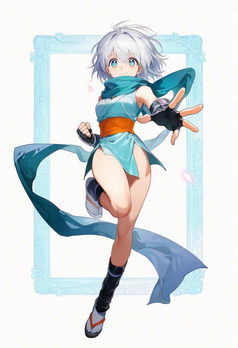 ライトブルー忍者服×オレンジ帯×スカーフコーデのAIイラストとプロンプト紹介