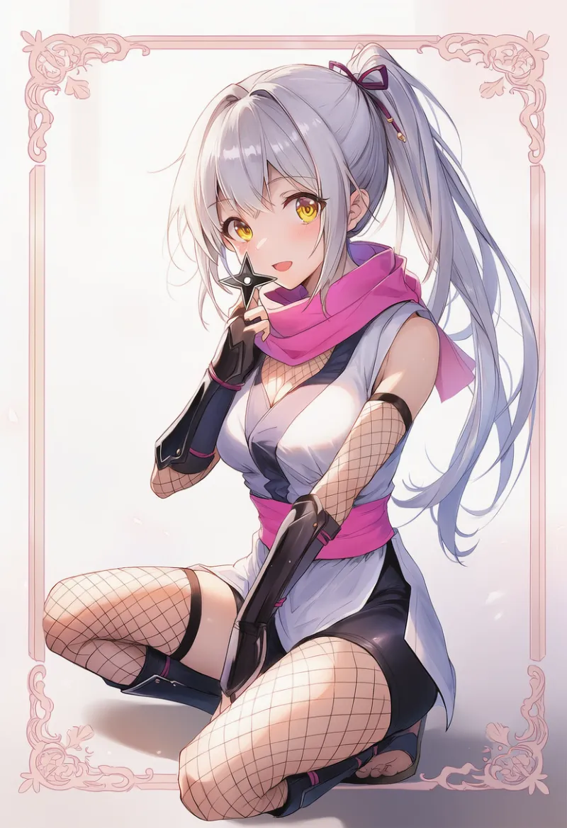 白忍者服×網タイツ×ピンク帯のくノ一コーデのAIイラストとプロンプト紹介