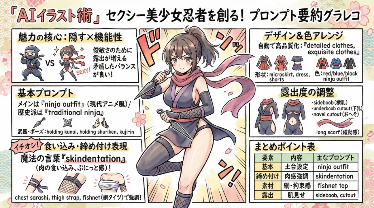 忍者の服(くの一)のプロンプト集(セクシー系)のまとめ用の図解イラスト(グラレコ)
