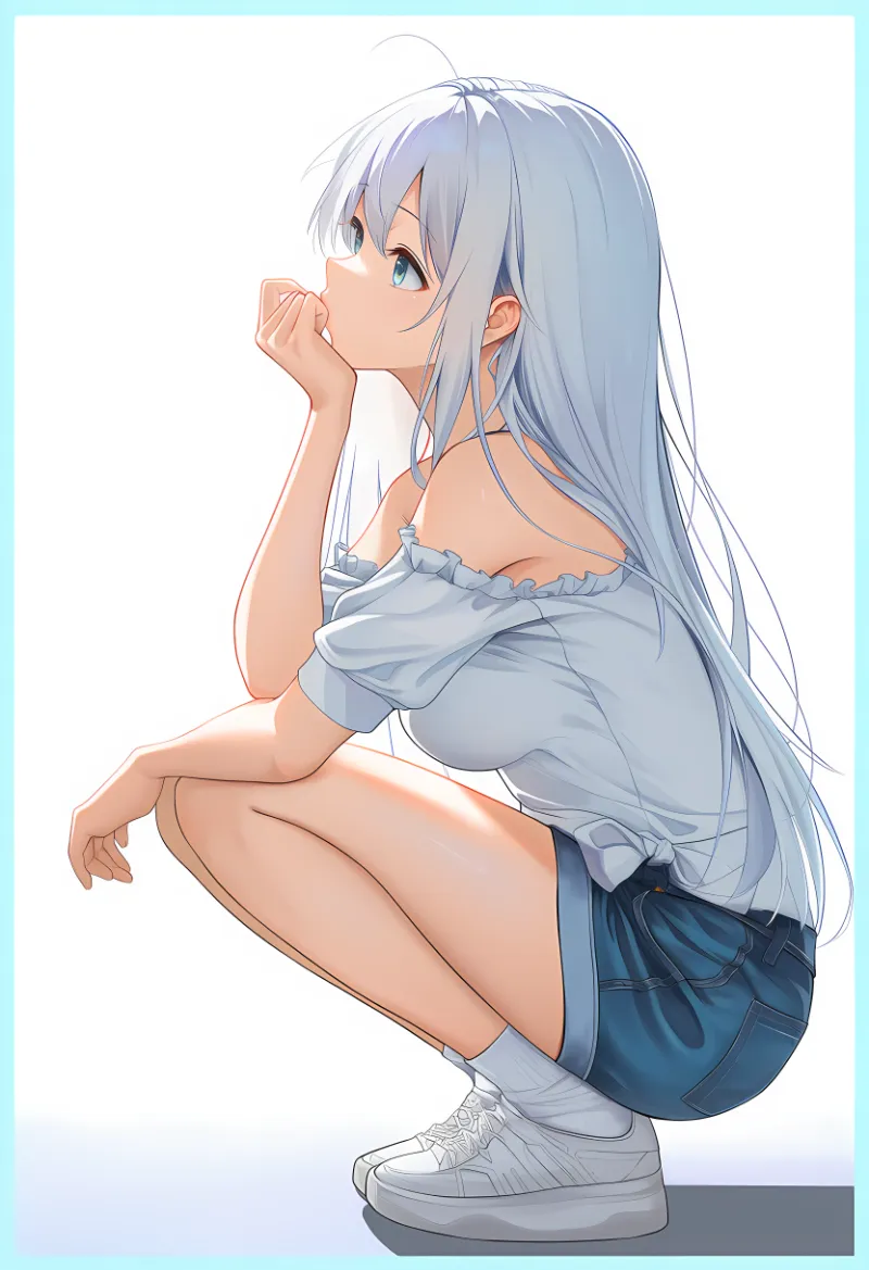 白オフショルシャツ×デニムショーツのプロンプトとAIイラスト