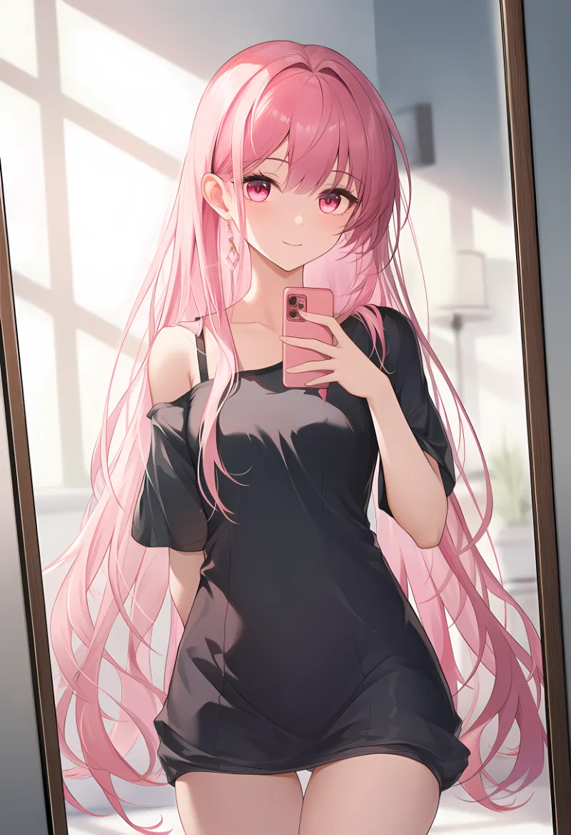 黒Tシャツドレス×片肩出し（鏡自撮り）のプロンプトとAIイラスト