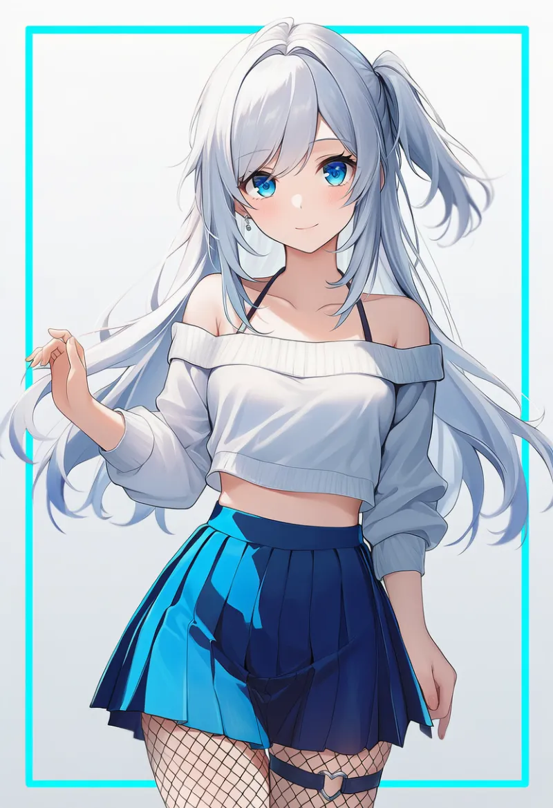 白オフショルセーター×青プリーツミニのプロンプトとAIイラスト