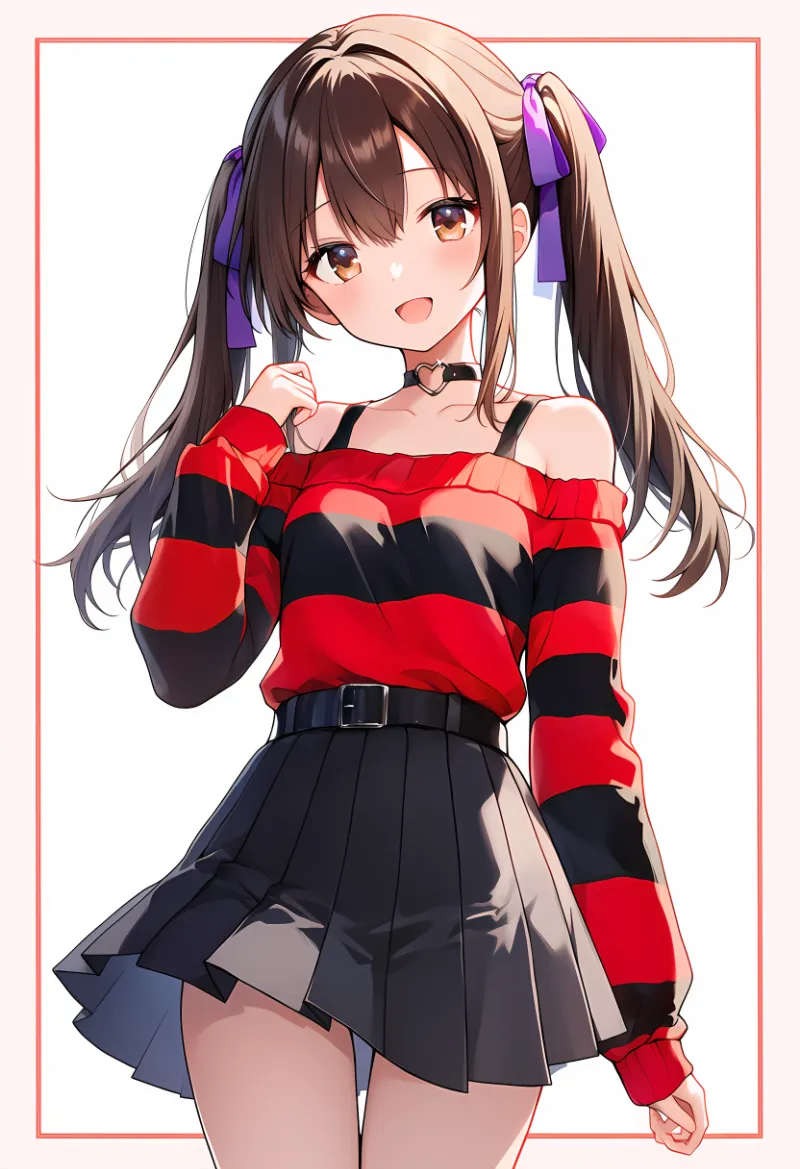 赤黒ボーダーオフショル×黒プリーツミニのプロンプトとAIイラスト