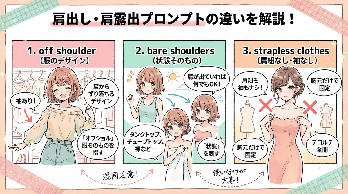 肩出し・肩の露出プロンプトの違いを解説する図解イラスト