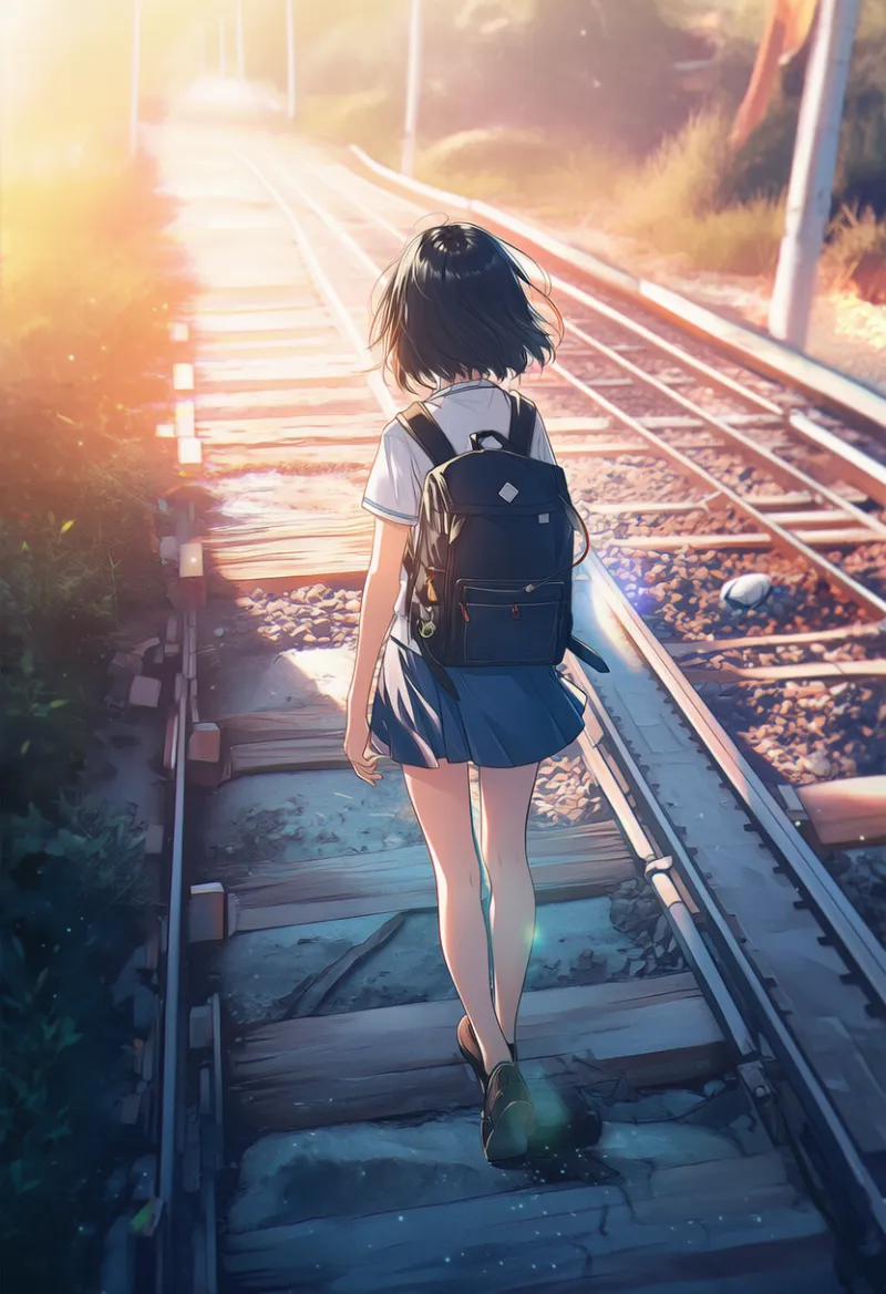どこまでも続く線路の青春AIイラスト｜プロンプト紹介