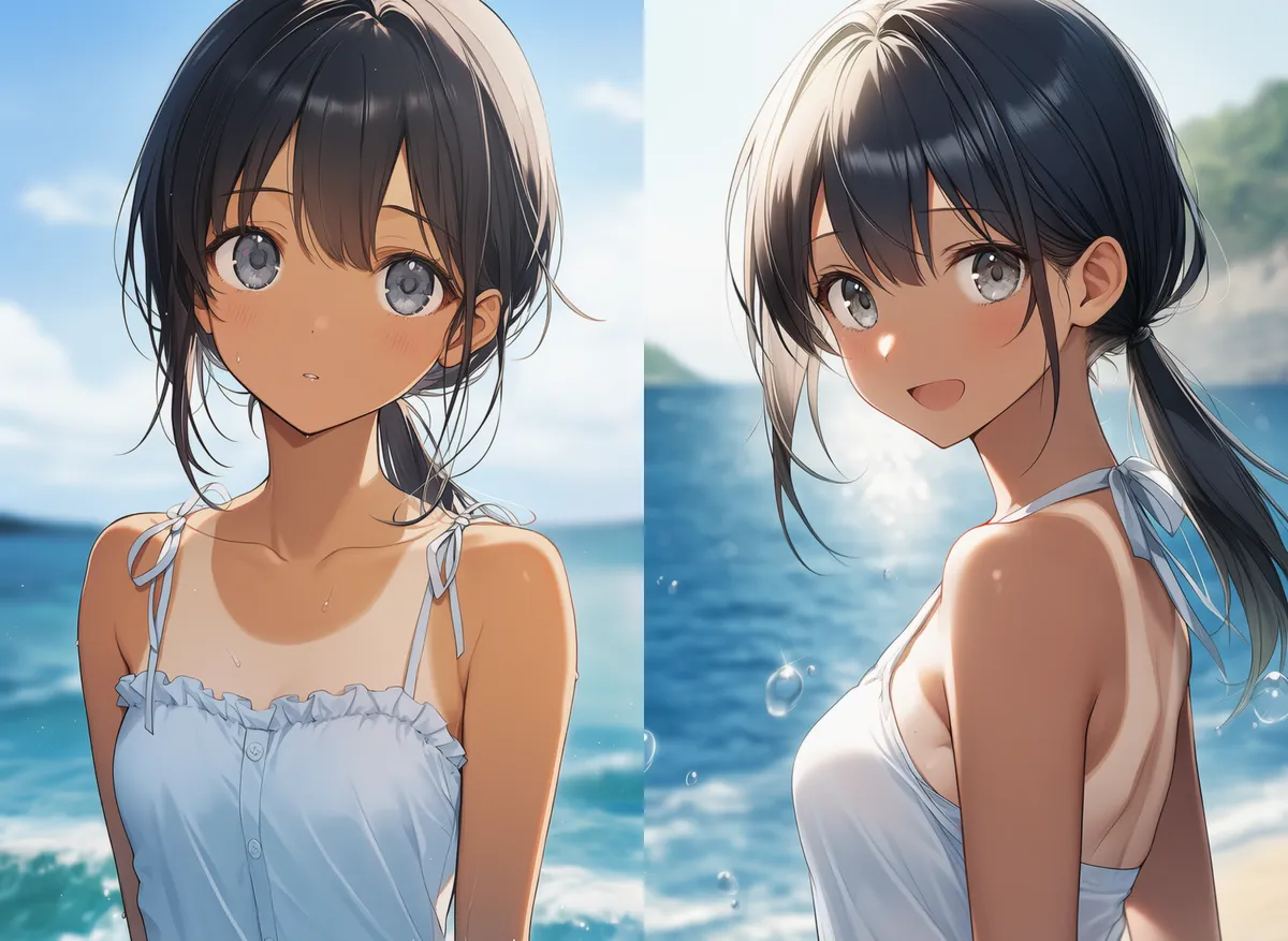 ワンピース水着・レオタードによる日焼け跡のプロンプト｜AIイラスト作例